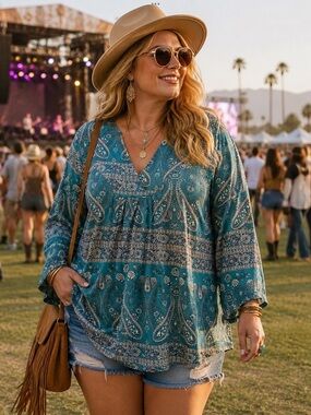 Plus size BoHo printed baby doll long teal blue top in size XXLg